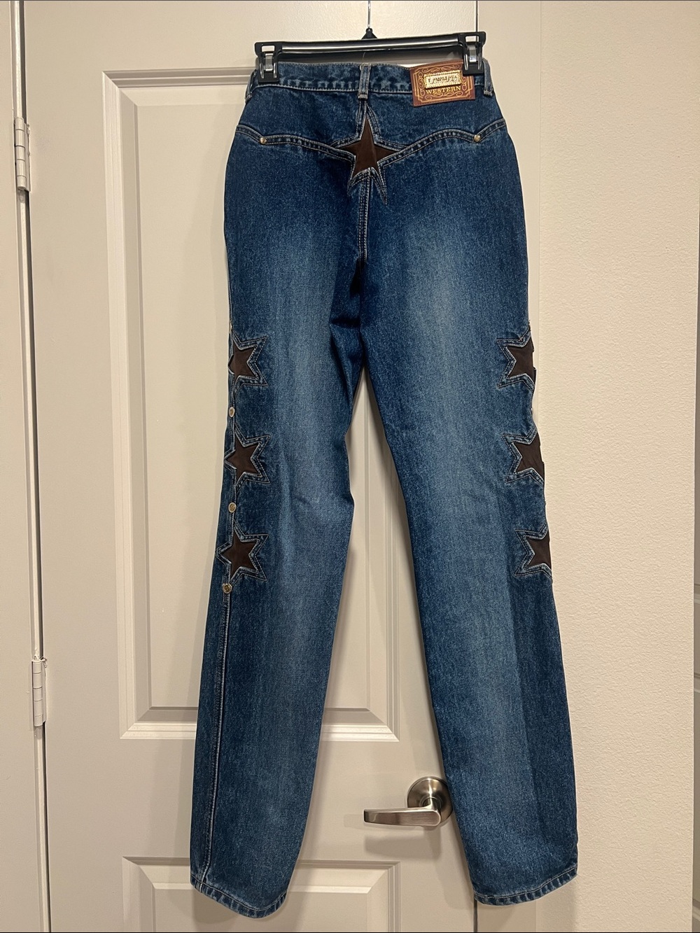 Vintage Lawman Dark Blue Straight-Leg Jeans with Brown Star Appliqués